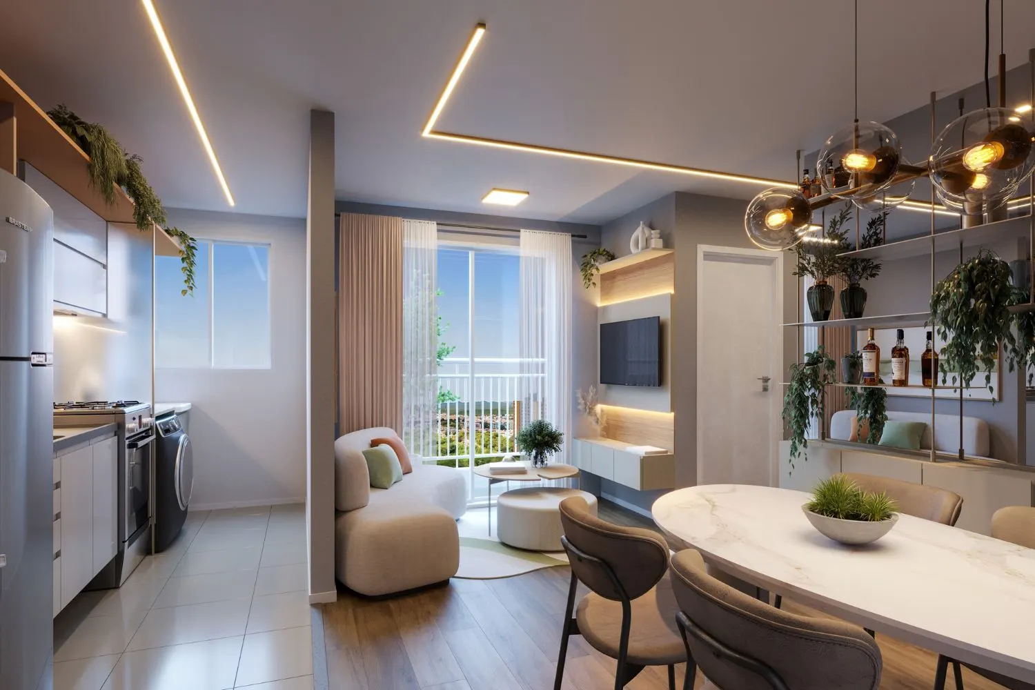 Como comprar um apartamento pelo Minha Casa Minha Vida: Sala e cozinha integradas com iluminação embutida em LED, mesa de jantar em mármore, sofá claro e grandes janelas com varanda, ambiente moderno e decorado.